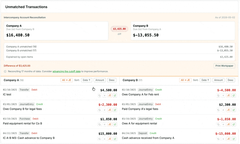 DueToFrom intercompany reconciliation demo